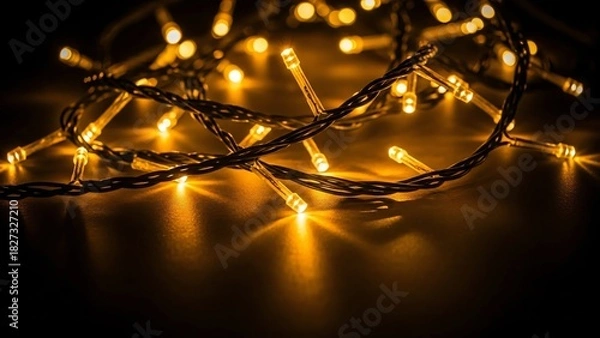 Fototapeta Close-up of Twisting String Lights with Warm Yellow Glow