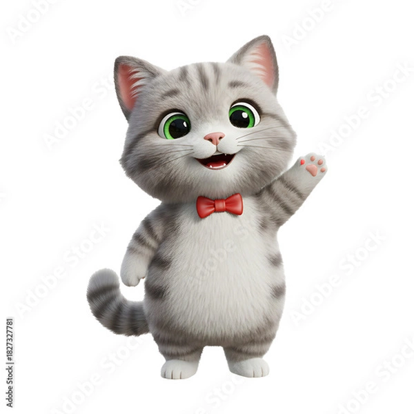 Obraz Cute 3D Grey Tabby Kitten Character Waving Hello