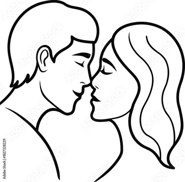 Obraz A loving couple sharing a tender kiss with closed eyes in a simple black line drawing style isolated on white background.