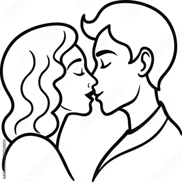 Obraz A loving couple sharing a tender kiss with closed eyes in a simple black line drawing style isolated on white background.