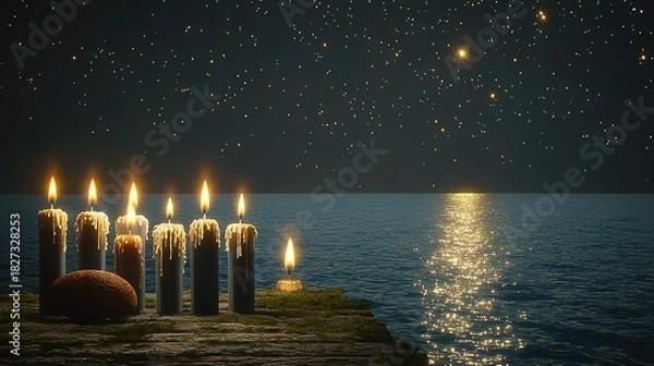 Fototapeta Minimalist Hanukkah background with starry sky and glowing candles