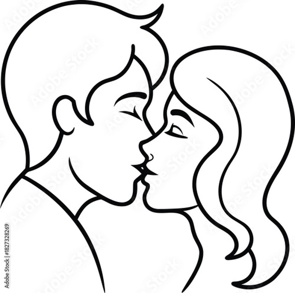 Obraz A loving couple sharing a tender kiss with closed eyes in a simple black line drawing style isolated on white background.
