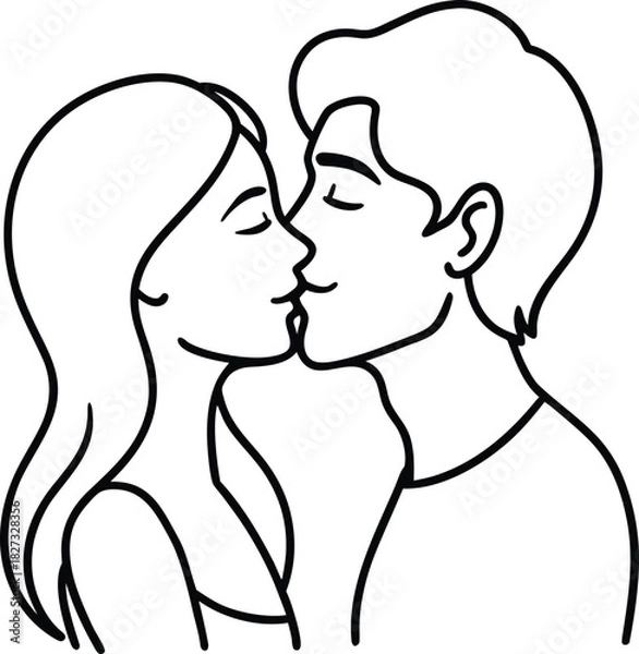 Obraz A loving couple sharing a tender kiss with closed eyes in a simple black line drawing style isolated on white background.