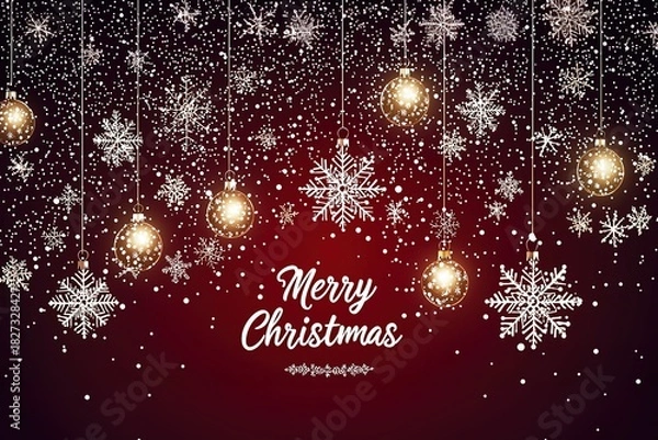 Fototapeta Festive banner with snowflakes and Merry Christmas text on deep red starry background