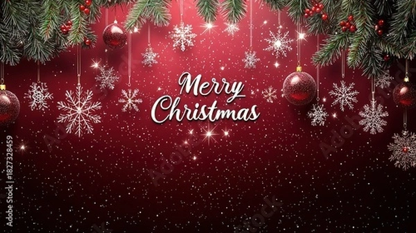 Obraz Festive banner with snowflakes and Merry Christmas text on deep red starry background