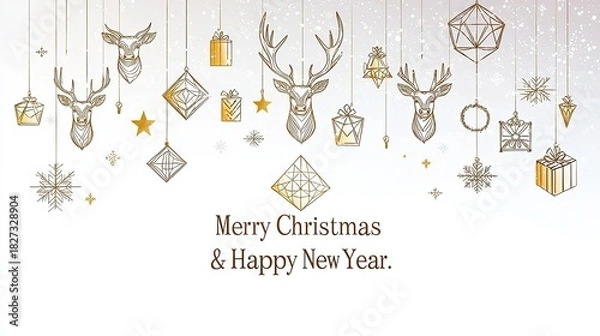 Fototapeta Golden line art Christmas decorations on white background for greeting card or banner