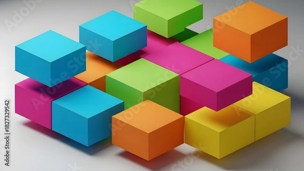 Fototapeta Abstract 3D Composition of Brightly Colored Floating Cubes and Blocks on a White Surface, Symbolizing Digital Construction, Development, and Problem Solving
