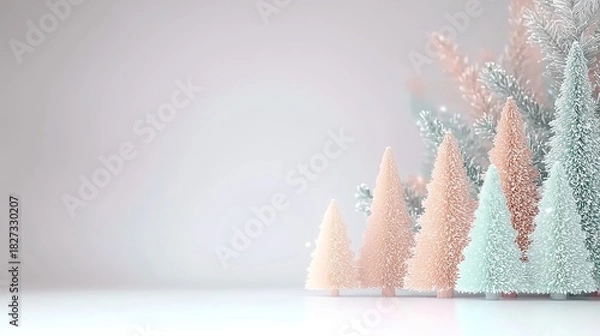 Fototapeta Minimalist background with pastel Christmas trees on right for holiday designs