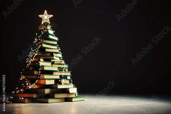 Fototapeta Book Christmas tree with fairy lights and star on dark background, right text space
