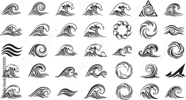 Fototapeta Black and white vector set of ocean wave crests and water swirls isolated on white background