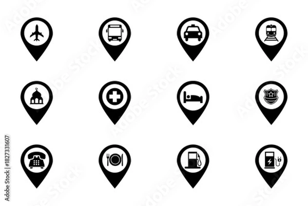 Obraz Public facility location pointer set on white background. Symbol of station, restaurant, hospital, hotel, airport, public facilities. Set vector line icons of public facility