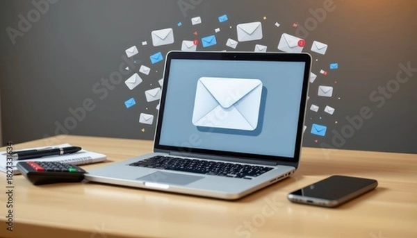 Fototapeta Modern Laptop with Email Icon and Notifications on Wooden Desk in Bright Office Setting