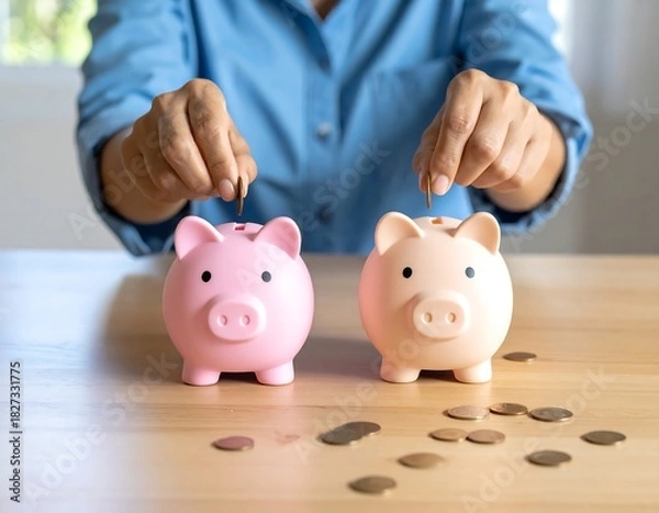 Fototapeta Person depositing coins in two piggy banks on a wooden surface