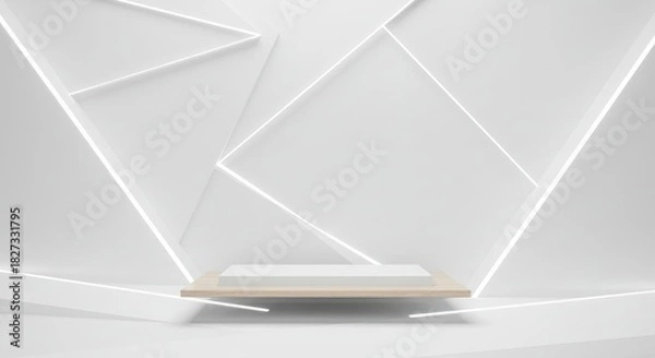 Fototapeta Minimalist stage with clean lines, glowing accents, and a floating platform