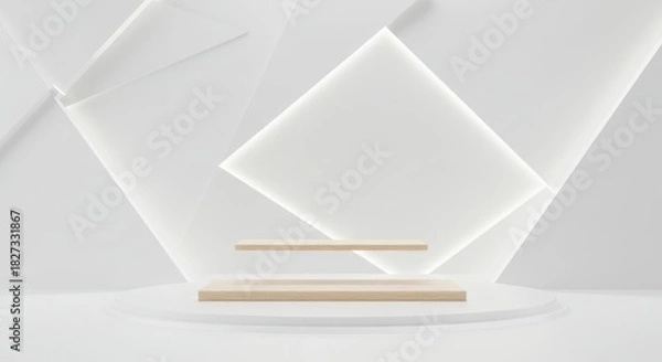 Fototapeta Minimalist white geometric display podium with subtle lighting