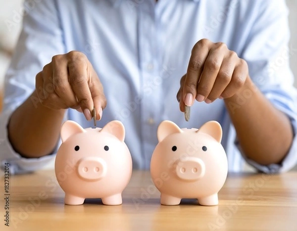 Fototapeta Person dropping coins into two piggy banks, symbolizing savings and finances