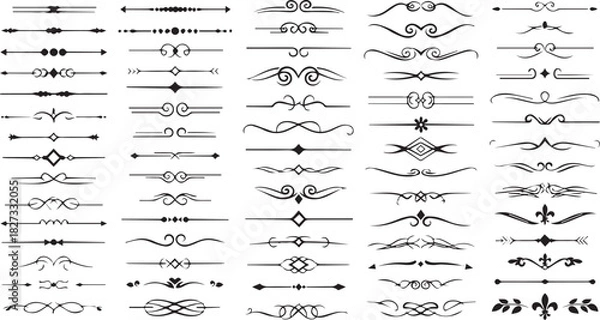 Fototapeta Large set of vector ornamental line dividers and calligraphic flourishes isolated on white background