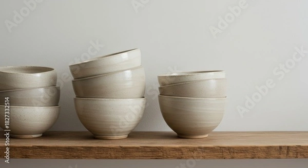 Fototapeta Stacks of earthenware bowls in warm tones on a rustic wooden shelf