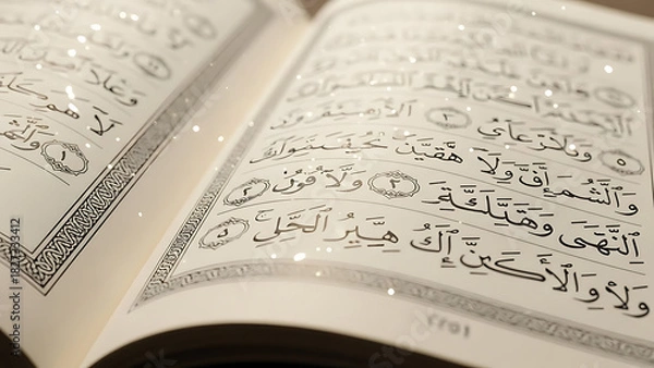 Fototapeta Beautiful open Quran book with Arabic text shining with spirituality and devotion for Ramadan