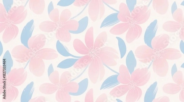 Obraz かわいいピンクの花のパターン背景：ピンクと水色のカラーパレット、パステルカラーの花柄壁紙