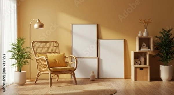 Fototapeta Sunlit boho armchair with plants and blank frames