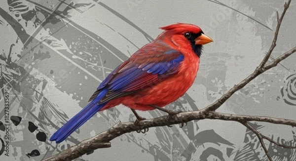Fototapeta Vibrant red bird with blue accents perches on a bare branch against abstract background