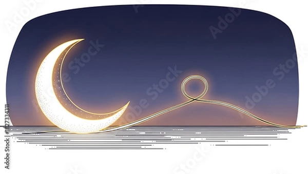 Fototapeta Crescent moon with a glowing light trail, dreamy celestial illustration for Ramadan greetings