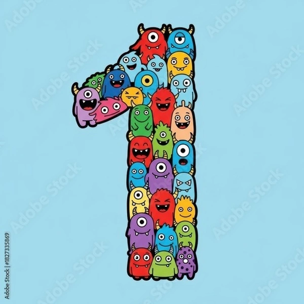 Obraz Number One Made of Colorful Cartoon Monsters Illustration.