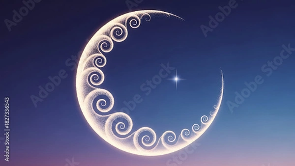 Fototapeta Elegant crescent moon with swirling pattern and a bright star for Ramadan celebrations