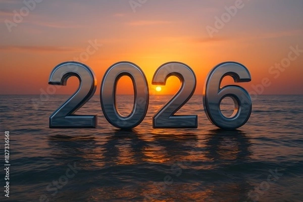 Fototapeta Metallic 2026 numbers reflecting in water at sunset, symbolizing a new year or future.