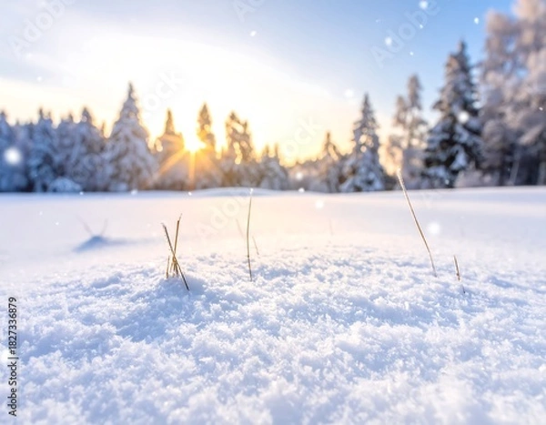 Fototapeta Snowy field with trees and setting sun, snowflakes drifting