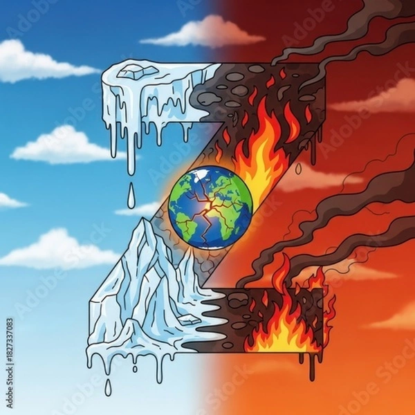 Obraz Climate Change Illustration - A World in Crisis, Balancing Ice and Fire.