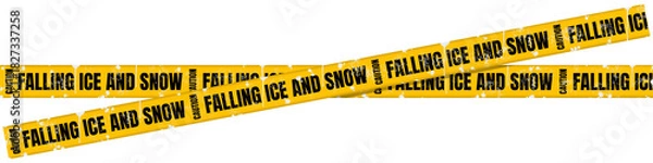 Fototapeta Yellow Caution Tape with “Caution: Falling Ice and Snow” Text and White Paint Splatter– Winter Safety Warning Barrier Ribbon for Ice Hazard, Slippery Surface Alert, Isolated on Transparent Background
