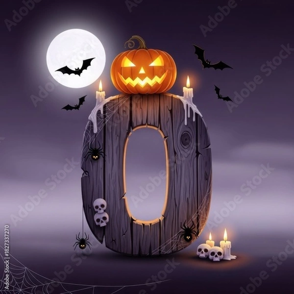 Obraz Halloween Number Zero with Pumpkin, Bats, and Spooky Elements.