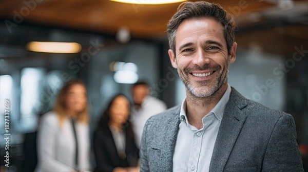 Fototapeta Confident businessman smiling brightly in a modern office with his team blurred in the background, exuding professional success and approachability