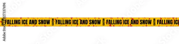 Fototapeta Bloody Yellow Caution Tape with Bold Black "Caution: Falling Ice and Snow" Text for Horror and Crime Scene Design - Isolated on Transparent Background
