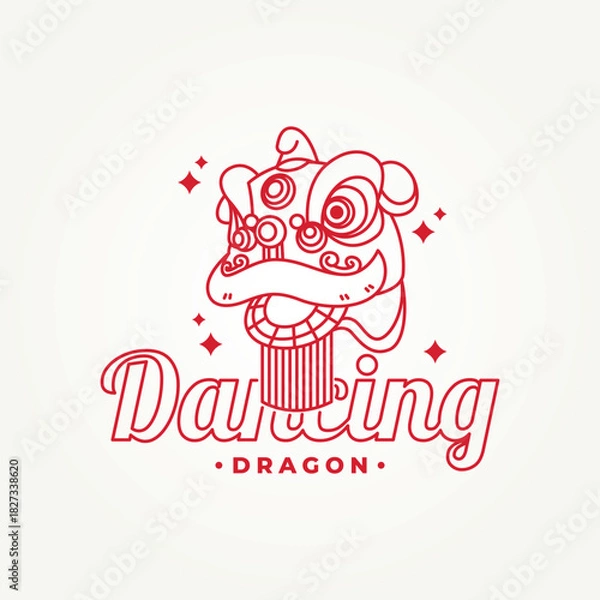 Fototapeta minimalist dancing dragon or lion dance with red background line art icon badge logo vector illustration design. simple modern chinese culture festival logo concept
