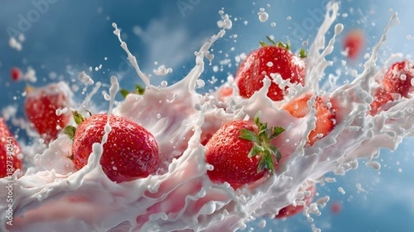 Fototapeta Fresh Strawberries Splashing in Milk with Dynamic Motion.