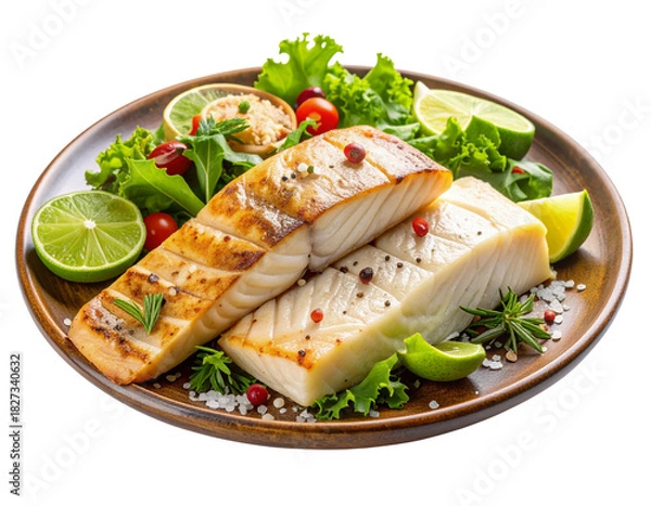 Fototapeta Rustic Coastal Mahi Mahi Plate with Mixed Greens Side View