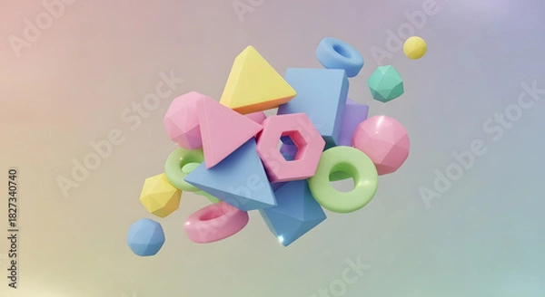 Fototapeta A vibrant collection of floating 3D geometric shapes.
