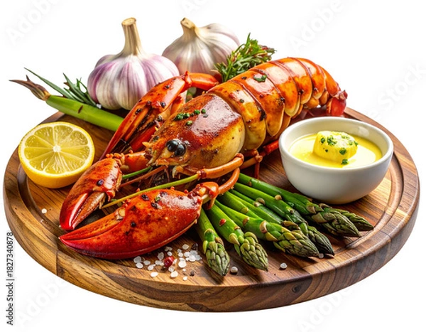 Fototapeta  Rustic Seafood Platter With Lobster Tails and Asparagus Side View