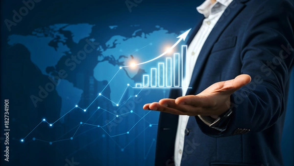 Obraz Businessman showcasing global financial growth with dynamic digital analytics and upward trending bar chart against world map backdrop