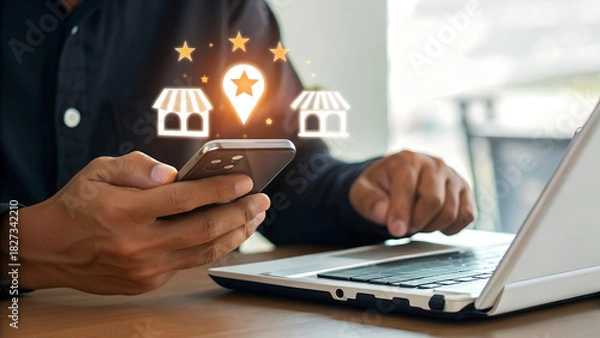 Fototapeta Man uses smartphone and laptop to manage online business reputation and local search presence with glowing shop icons and stars