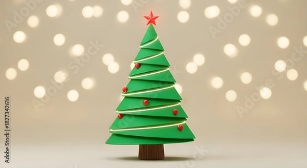 Fototapeta Stylized Christmas tree with red star and ornaments on a bokeh background.