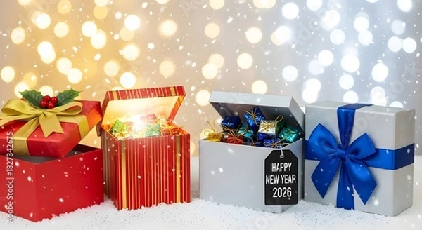 Fototapeta Festive image of four gift boxes, each adorned with ribbons, celebrating the New Year with a snowy background.