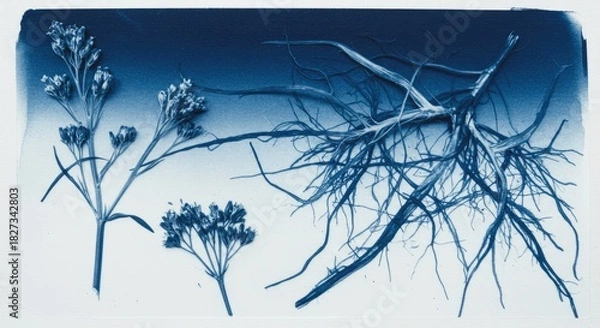 Fototapeta Cyanotype of delicate plant stems, small blossoms, and intricate root systems