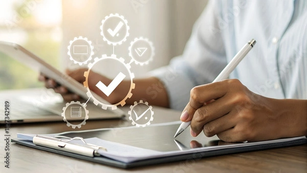 Fototapeta Professional managing workflow with digital tablet and checkmarks, ensuring quality and efficiency in business operations.