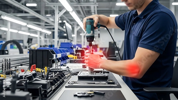Fototapeta Industrial worker with arm pain from repetitive strain injury in a modern factory assembly line