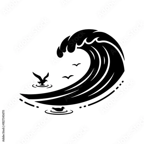 Fototapeta World Wetlands Water Waves Abstract flowing blue river with tiny birds illustration