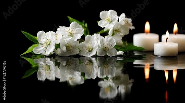 Fototapeta Peaceful blossoms and candlelight reflecting on water, perfect for moments of reflection and remembrance, creating a serene and calming atmosphere